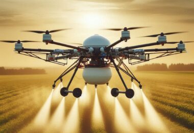 A six motor agricultural drone with a sprayer flying over a field without a person 1