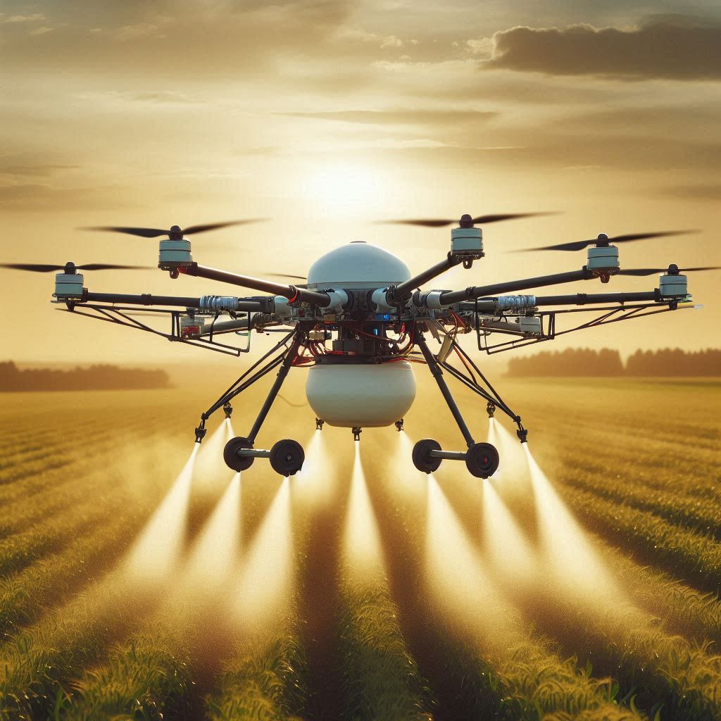 A six motor agricultural drone with a sprayer flying over a field without a person 1