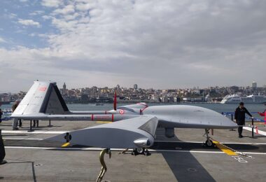 Bayraktar TB3 on the runway of TCG Anadolu 2